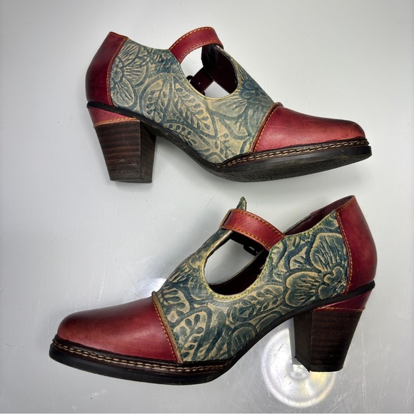 L'Artiste Spring Step Susana Red Green Floral Print Leather Heeled Booties Sz 36 - Picture 7 of 12